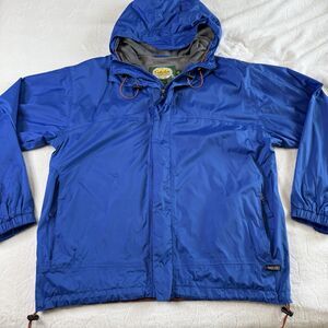 Cabela's Mens M Blue Full Zip Hooded Packable Windbreaker Jacket *Stained*